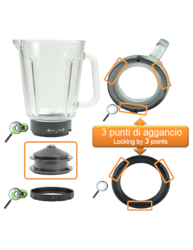 MS-651089 Ciotola caraffa vetro tritatutto PerfectMix Moulinex LM811D10/870 3 agganci